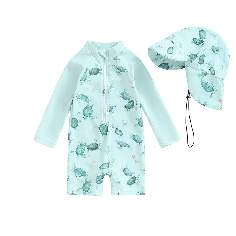 Light Toddler Boys Rash Guard Swimsuit - Long Sleeve, Turtle Print, Polyester, Beachwear