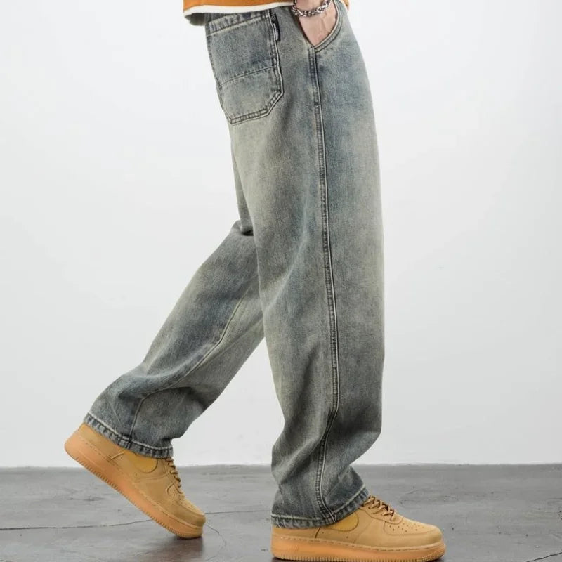 Men's Oversized Denim Jeans - Loose Straight Cut, Washed
