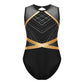Girls' Stretchy Leotard - flattering, rhinestone-detailed, long-sleeve, mesh-panel, polyester elastane, for gymnastics