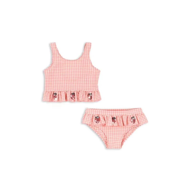 long sleeve one-piece, plaid print, strawberry sequin accents, polyester, nylon, for summer – Light Girls Swimsuit