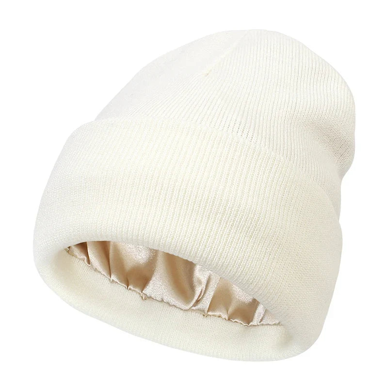 Winter Knit Beanies Womens Satin Lined Beanie Cap - Thick Chunky Plush Skull Hat for Winter