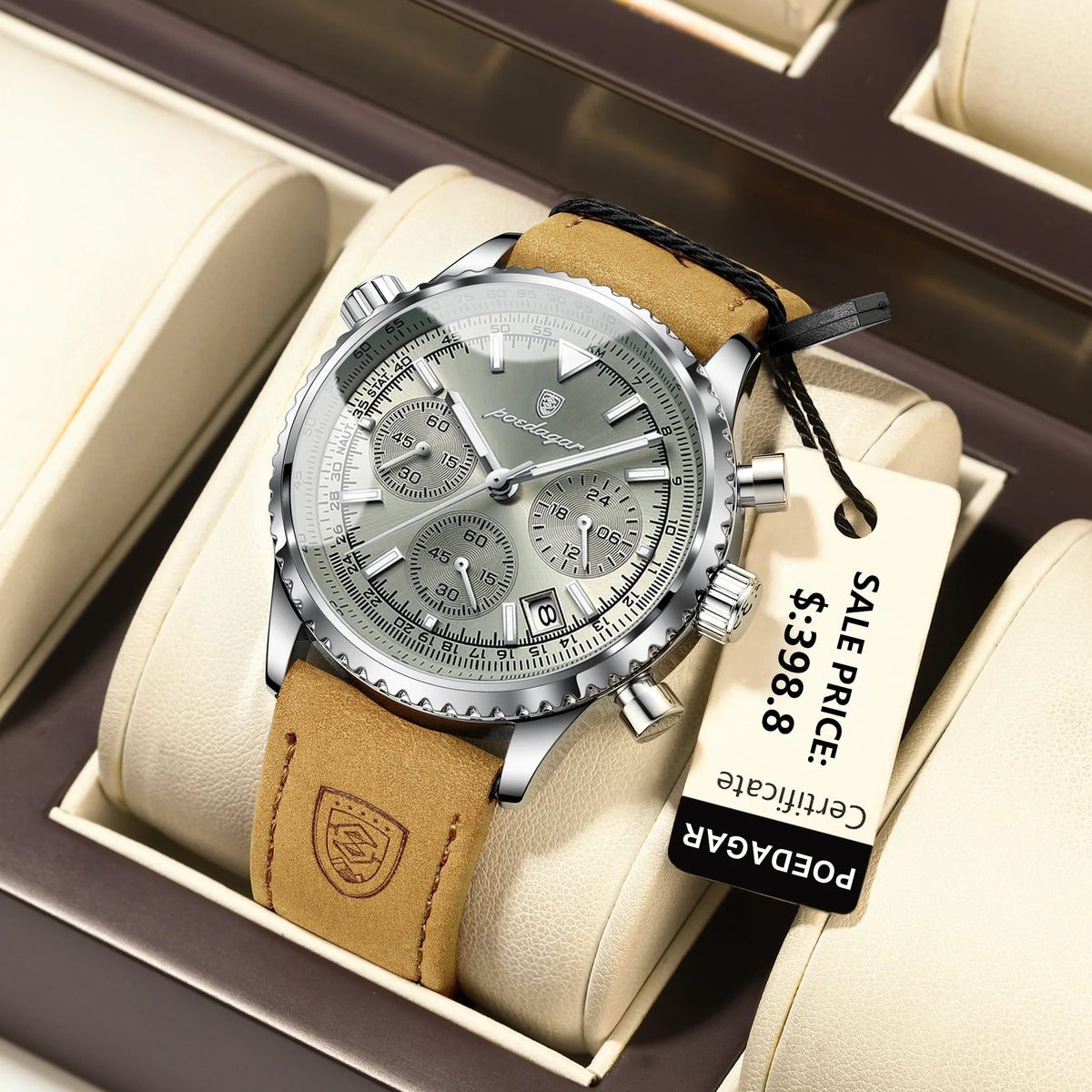 Quartz Chronograph Watch Water-Resistant Luminous Date Leather