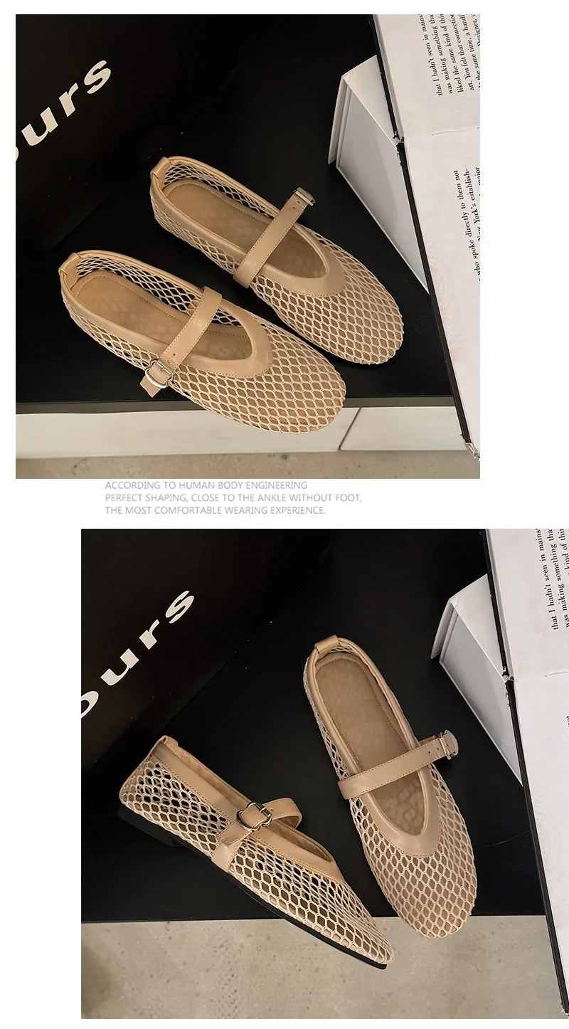 Women Breathable Mesh Ballet Flats - Strappy Round Toe