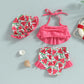 Plush girls' bikini swimsuit - halter-neck ruffle crop top, mermaid scale print, shorts, polyester, for summer vacation