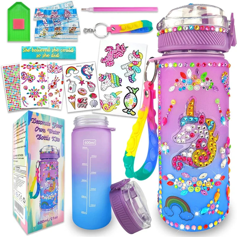 Mermaid DIY & Unicorn Water Bottle Craft Kits for Girls - Fun Arts and Crafts Birthday Gift with Fidget Keychain