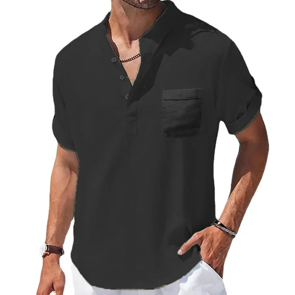 Men's Summer Shirt, Breathable Cotton and Linen Blend with Henry Collar, Lightweight and Casual Fit-4