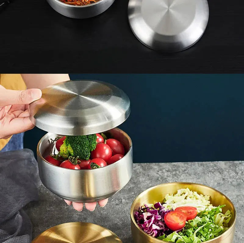 Steel Stainless Double Layer Rice Bowl With Lid Insulated