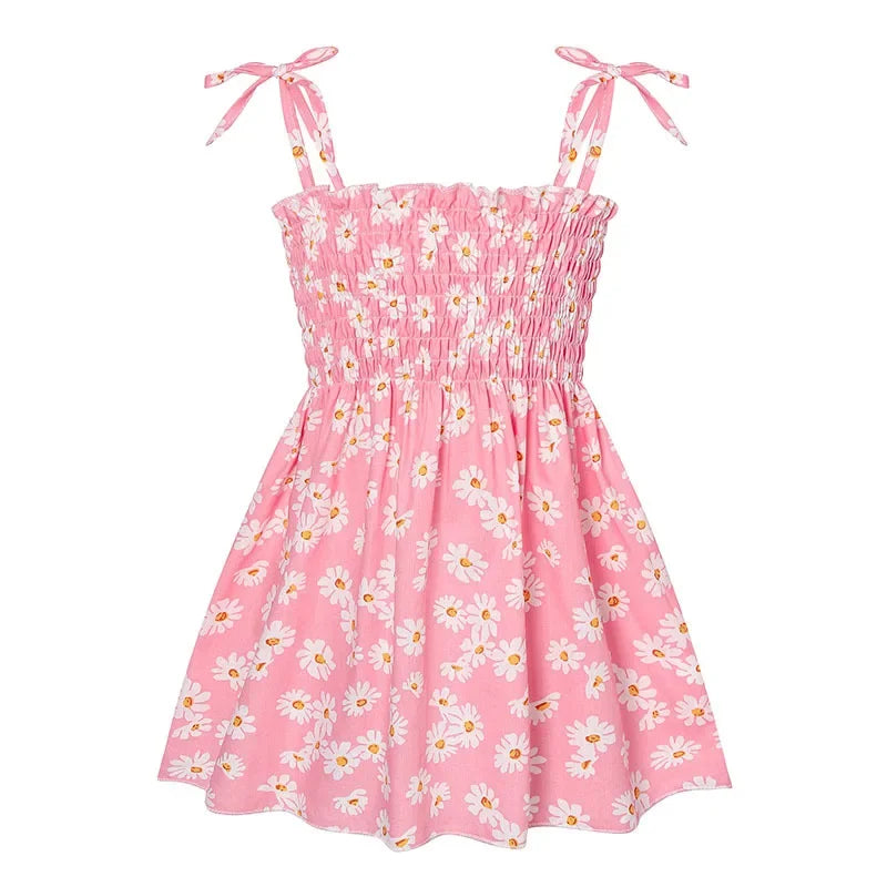 Plush girls' floral sundress - smocked bodice, polyester, for casual beach party