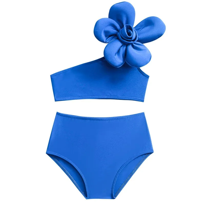 durable one-shoulder flower top, cotton-polyester, for beach days – Light girls’ bikini swimsuit set