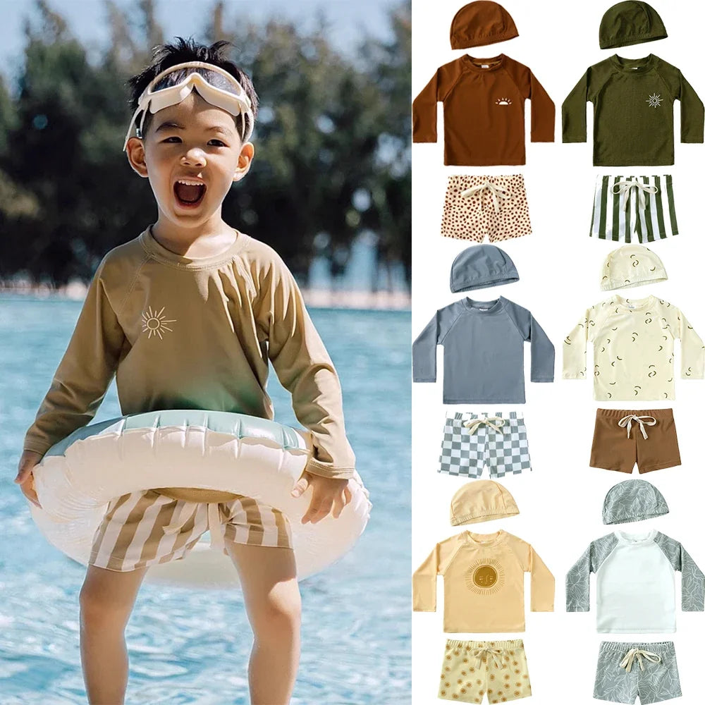 Long-Sleeve Top, Swim Pants, Hat, Polyester Elastane, Beach Vacation – Breathable Kids Rash Guard Swim Kit