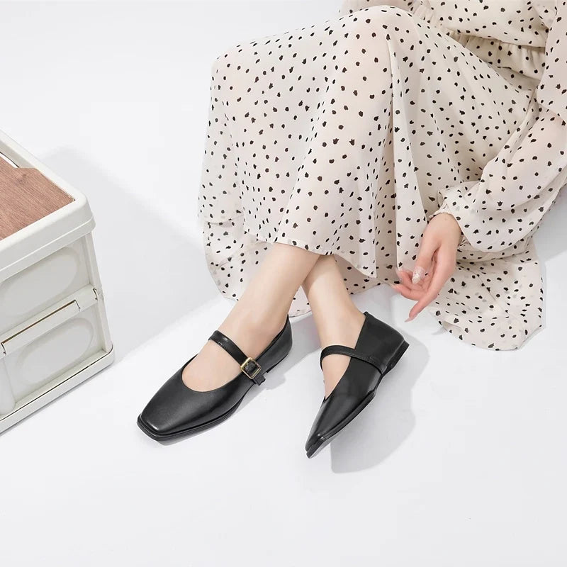 Women Supportive Mary Jane Flats - Square Toe, Leather