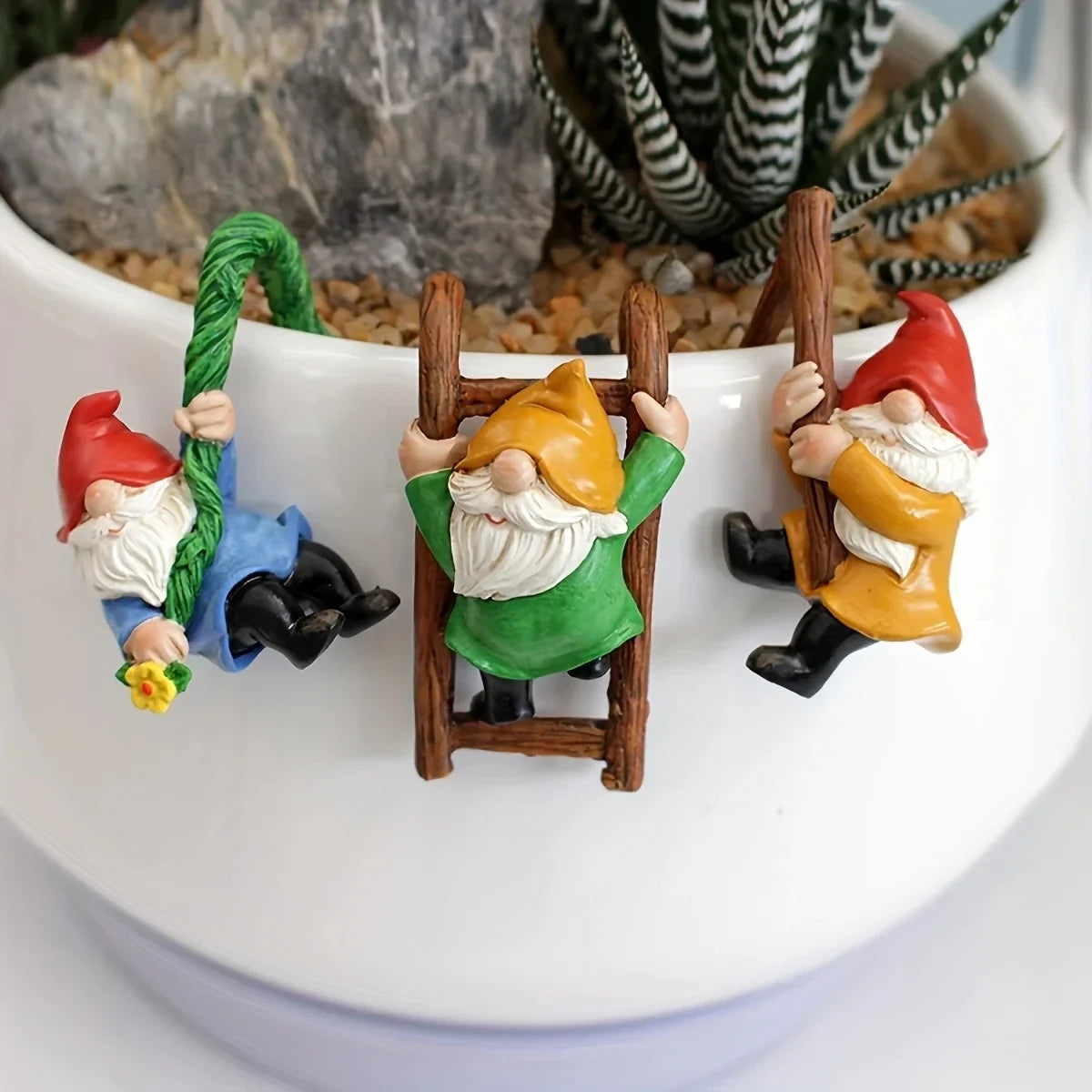 Garden Gnome Ornaments Kit - 3pc Hanging Resin Dwarf Figurines For Mini Garden Micro Landscape Decor Outdoor Spring