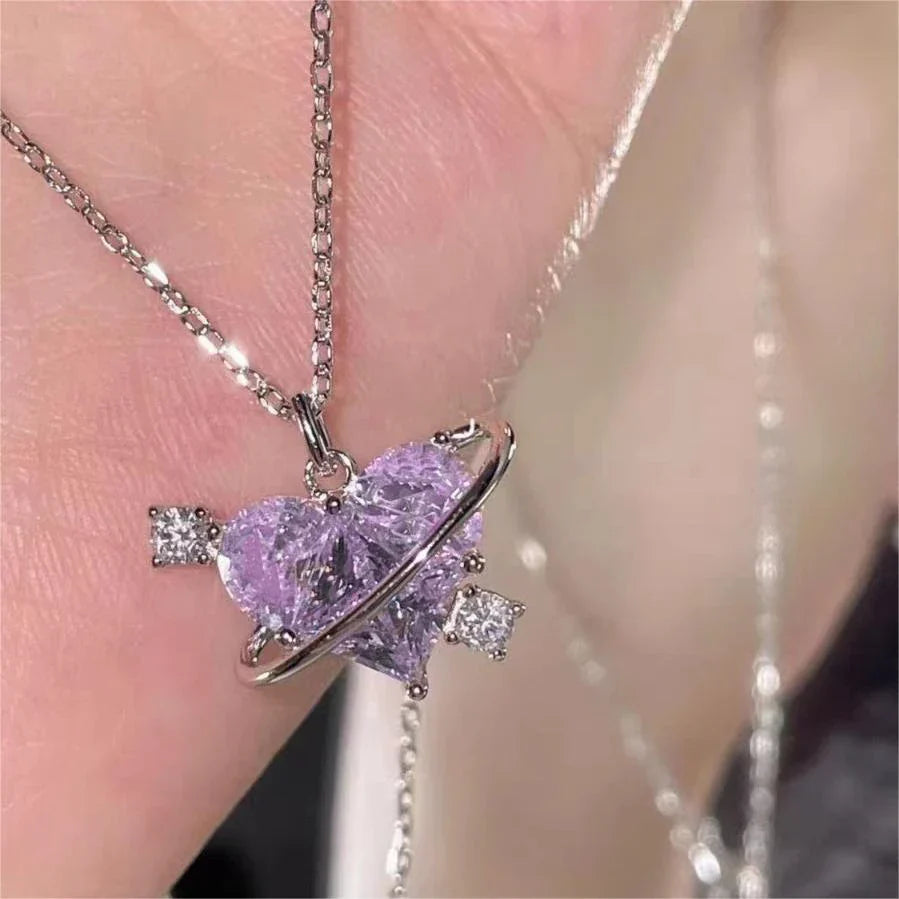 Pendant Zircon Necklace Pink Planet Heart Valentines Day Gift 2026 Aesthetic Jewelry