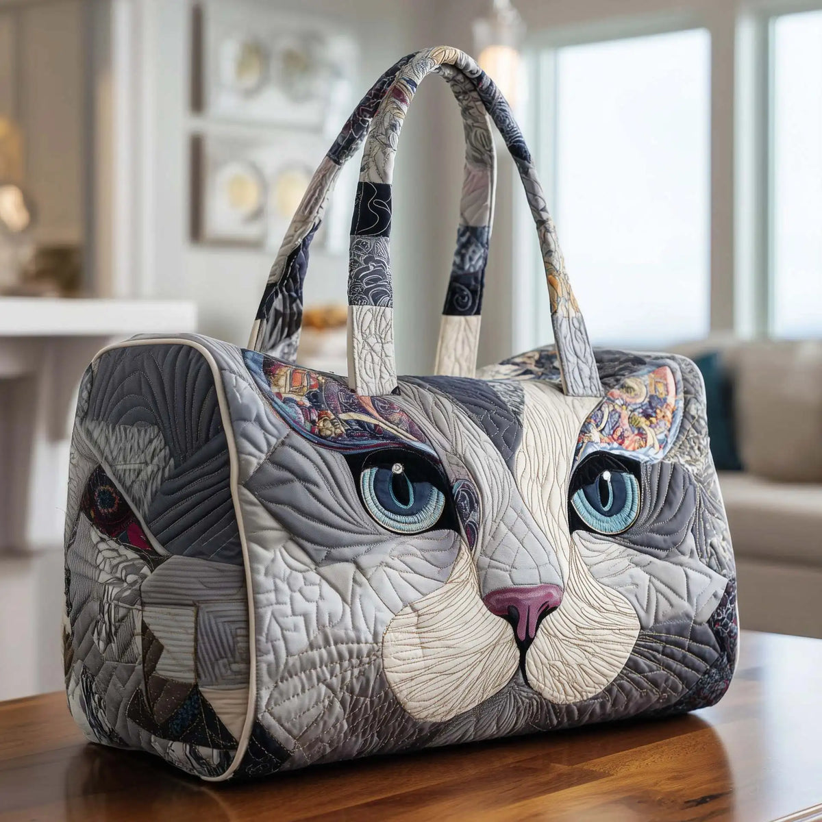 Plush Unisex Travel Tote - Quilted, Cat-Embroidered Fabric, For Beach, Hiking, Camping