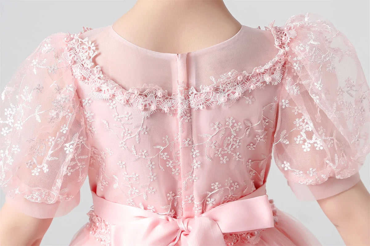 Plush Girls' Dress - Flowy Princess-Cut Lace-Embroidery, Polyester, Wedding Party