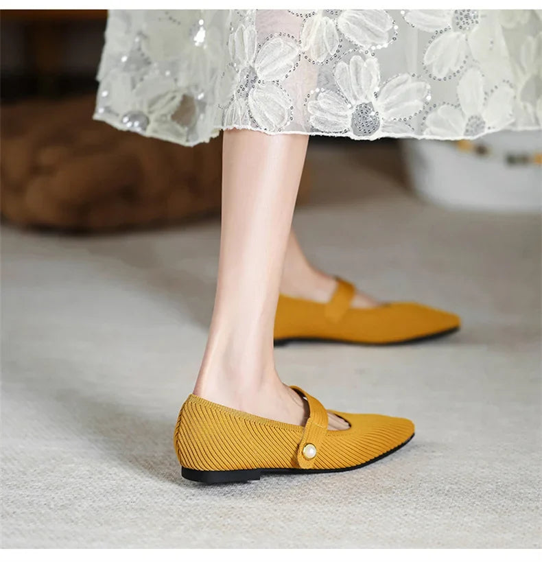 Women Stretchy Mary Jane Flats - Ribbed Knit For Spring