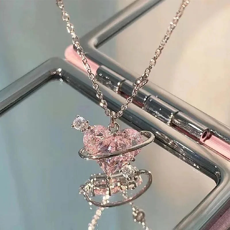 Pendant Zircon Necklace Pink Planet Heart Valentines Day Gift 2026 Aesthetic Jewelry
