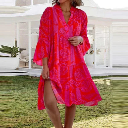 V-Neck Sexy Loose Lotus Leaf Dress for Women, 3/4 Sleeve Summer Office Casual Wear