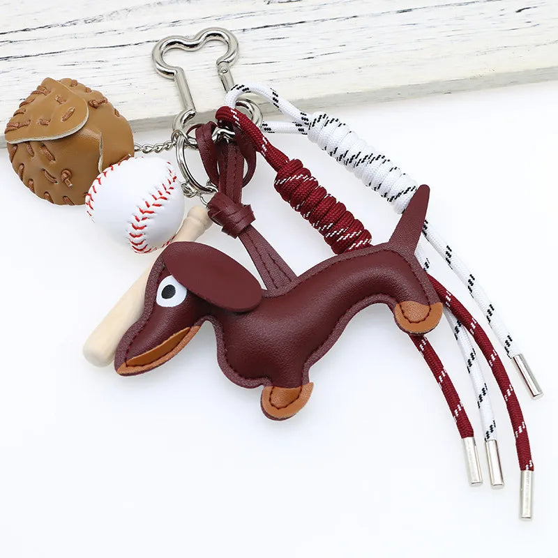 Pu Dachshund Leather Bag Charm Baseball Keychain Gift
