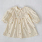 Plush, classic girls' dress - Peter Pan collar, cotton, floral embroidery, mid-calf length for spring