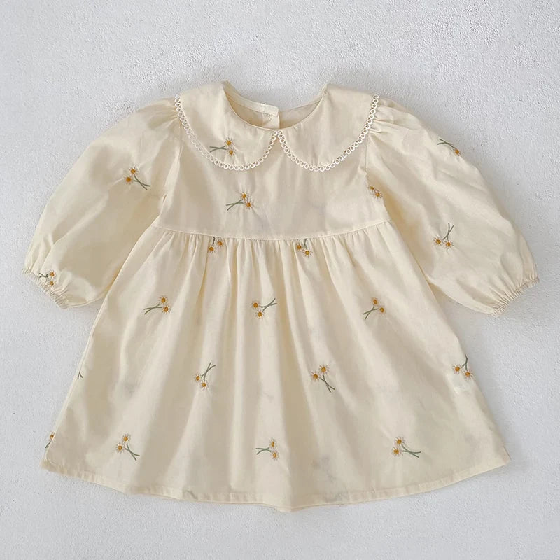 Plush, classic girls' dress - Peter Pan collar, cotton, floral embroidery, mid-calf length for spring