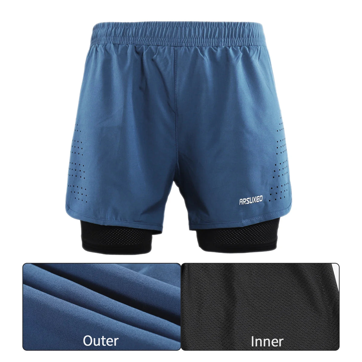 men's Stretchy 2-in-1 running shorts - longer liner, polyester blend, for jogging and gym