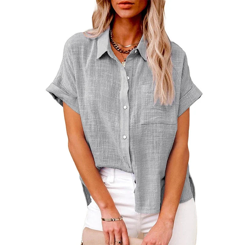 Shirt Linen Short Sleeve Casual Loose Fit Blouse Fresh Sweet Style Polyester Fabric
