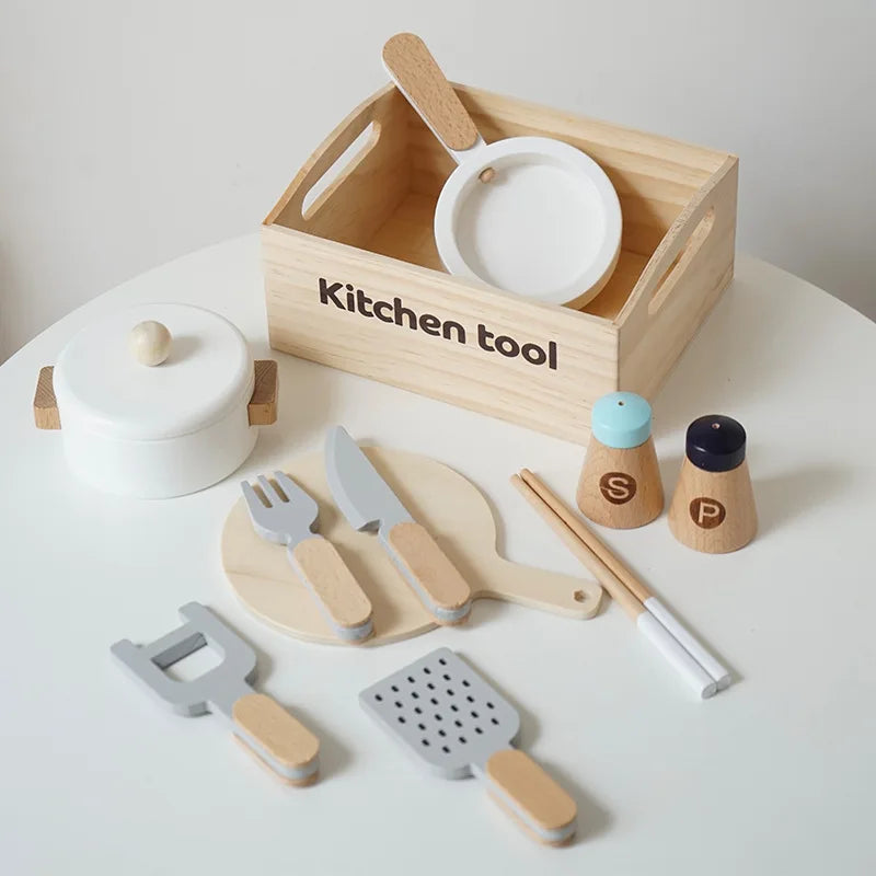 Kids Wooden Kitchen Playset with Cutting Food Accessories - Fruits, Vegetables & Bakery Toys