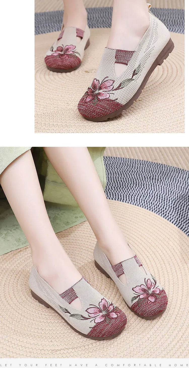 Women’s Breathable Flats - Slip-On Mesh, Embroidered