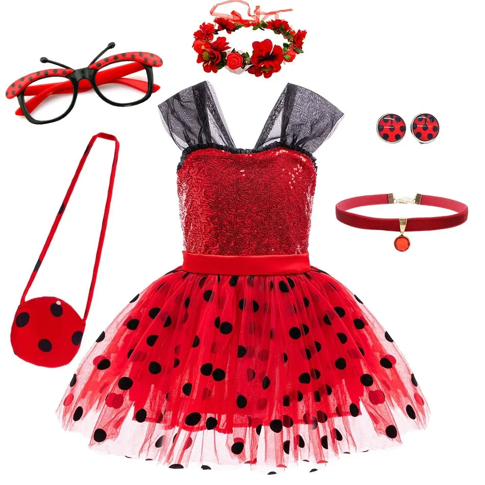 Light girls' Ladybug cosplay costume - sequin bodice with knee-length tulle skirt, polyester, for Halloween