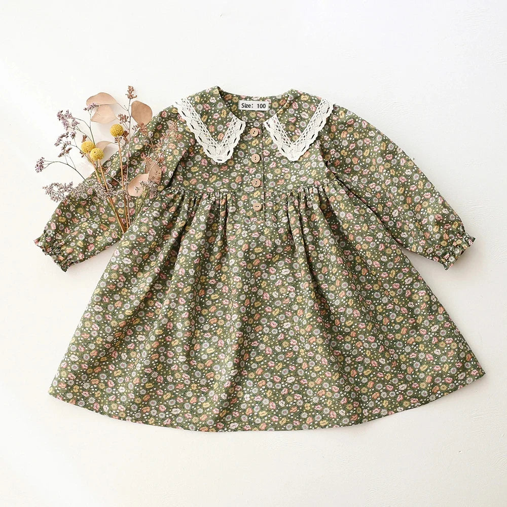floral long-sleeve knee-length, cotton, for special occasions – Plush classic girls' dress