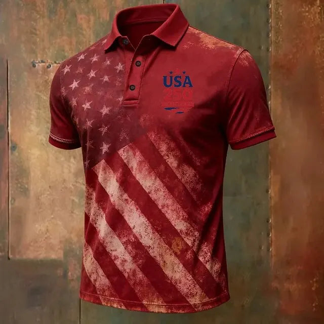 Light men's polo shirt - graphic flag print, cotton, casual summer wear for outdoor events