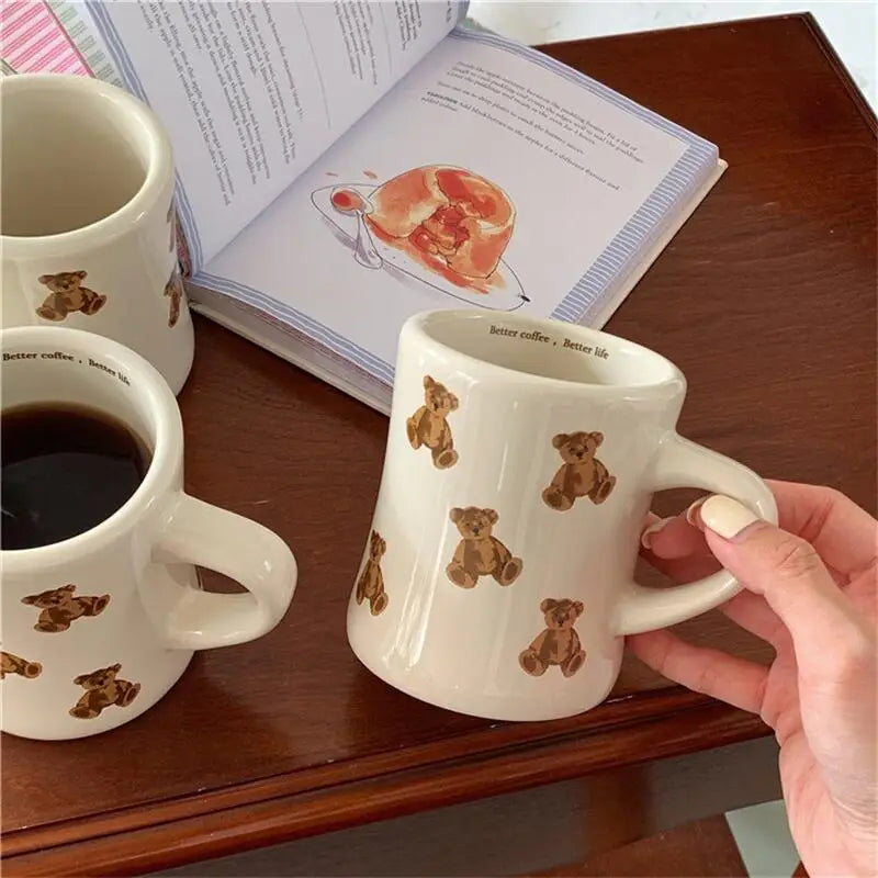 Ceramic Mug Cream Teddy Bear Print Coffee Cup With Handle Korean Cute Breakfast Mug Fall 2025 Cute Gift Simple Grip