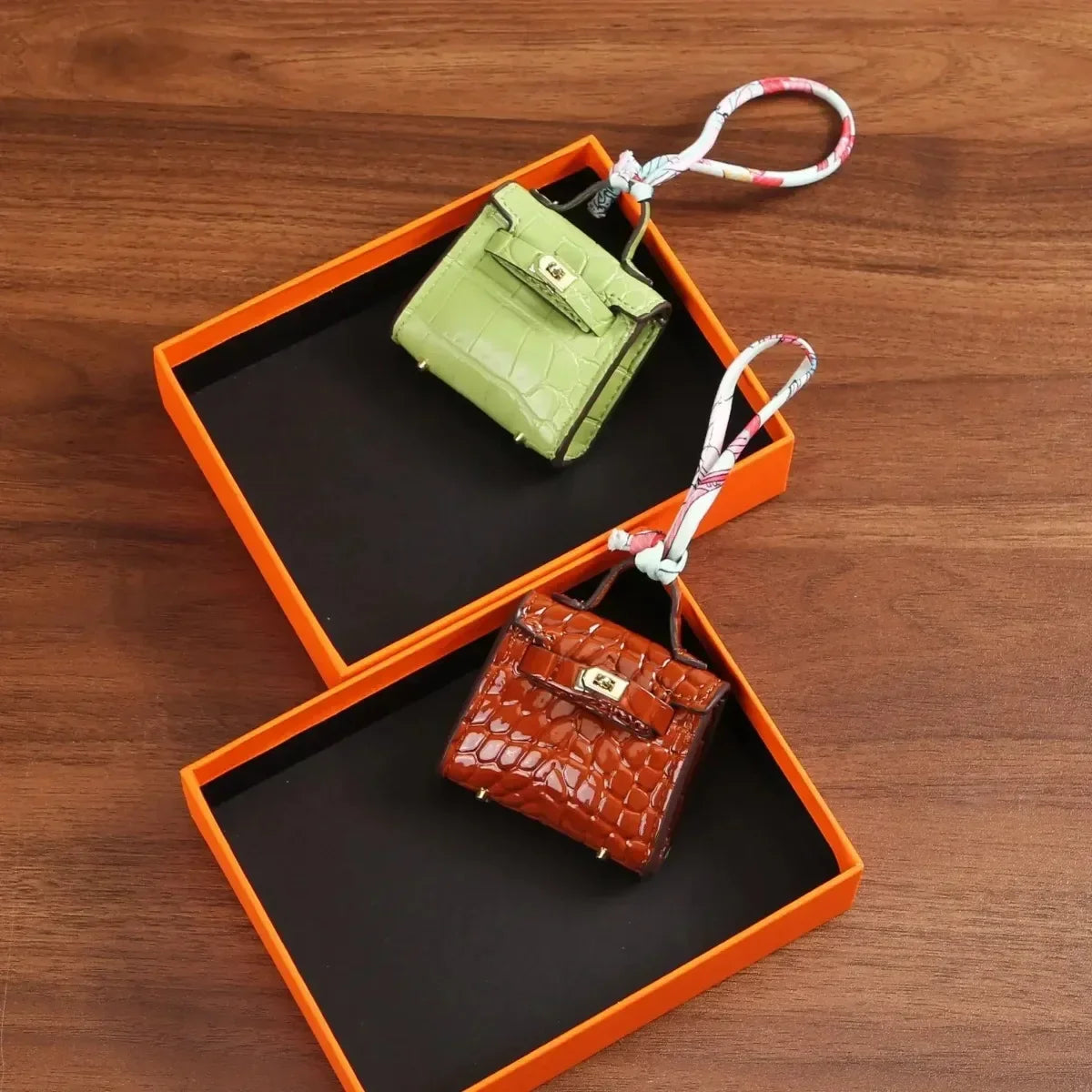 Free 1+1 Birkin Inspired Mini Hand Bag - Crocodile Pattern Mini Bag Charm Keychain