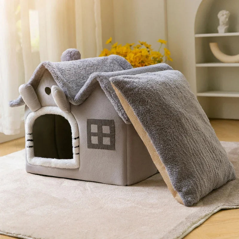 Cat Bed Foldable Cave House Plush Kennel Winter 2025 Cozy Washable Hideaway For Compact Dogs And Cats