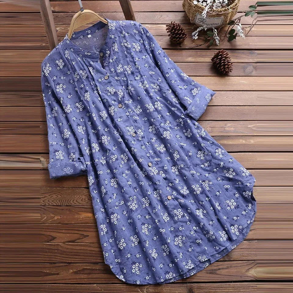 Long Elegant Cotton Linen Shirt - Floral Print Blouse for Women, Full Sleeve Spring Autumn Fashion