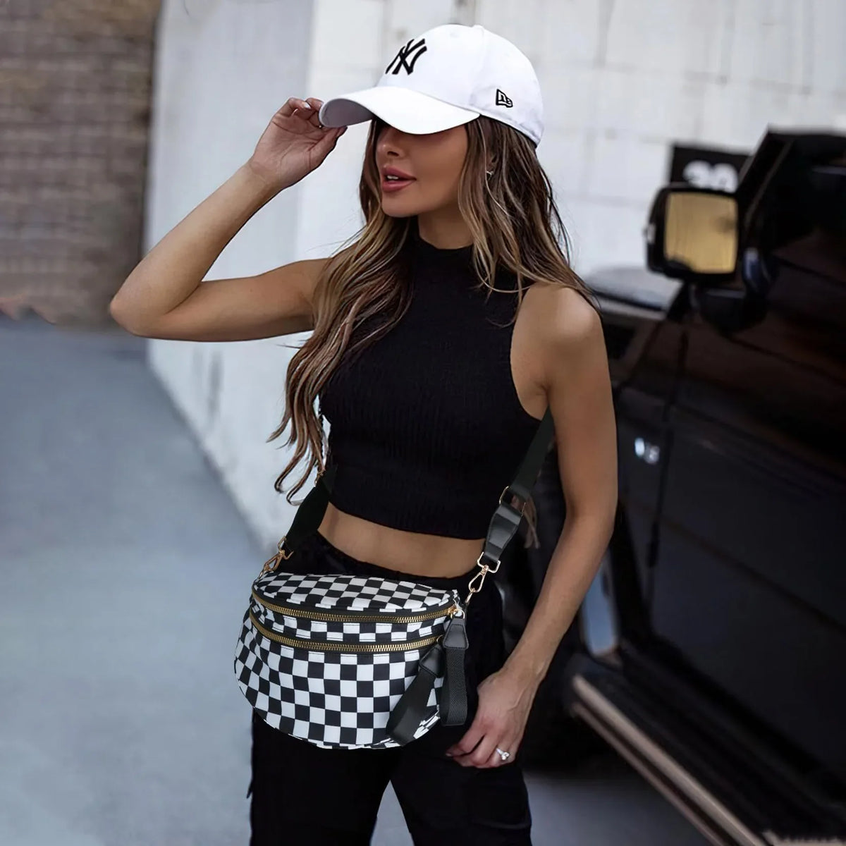 checkered nylon, box shape, travel and daily use – Multi-Use unisex crossbody bum bag