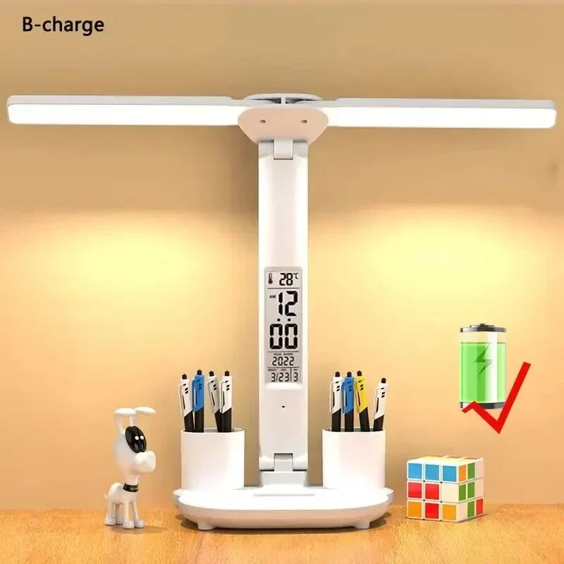 Battery-Powered Desk Lamp LED With Fan And Clock Display Study Light Back To School 2025 Travel-Friendly Flexible Brightness