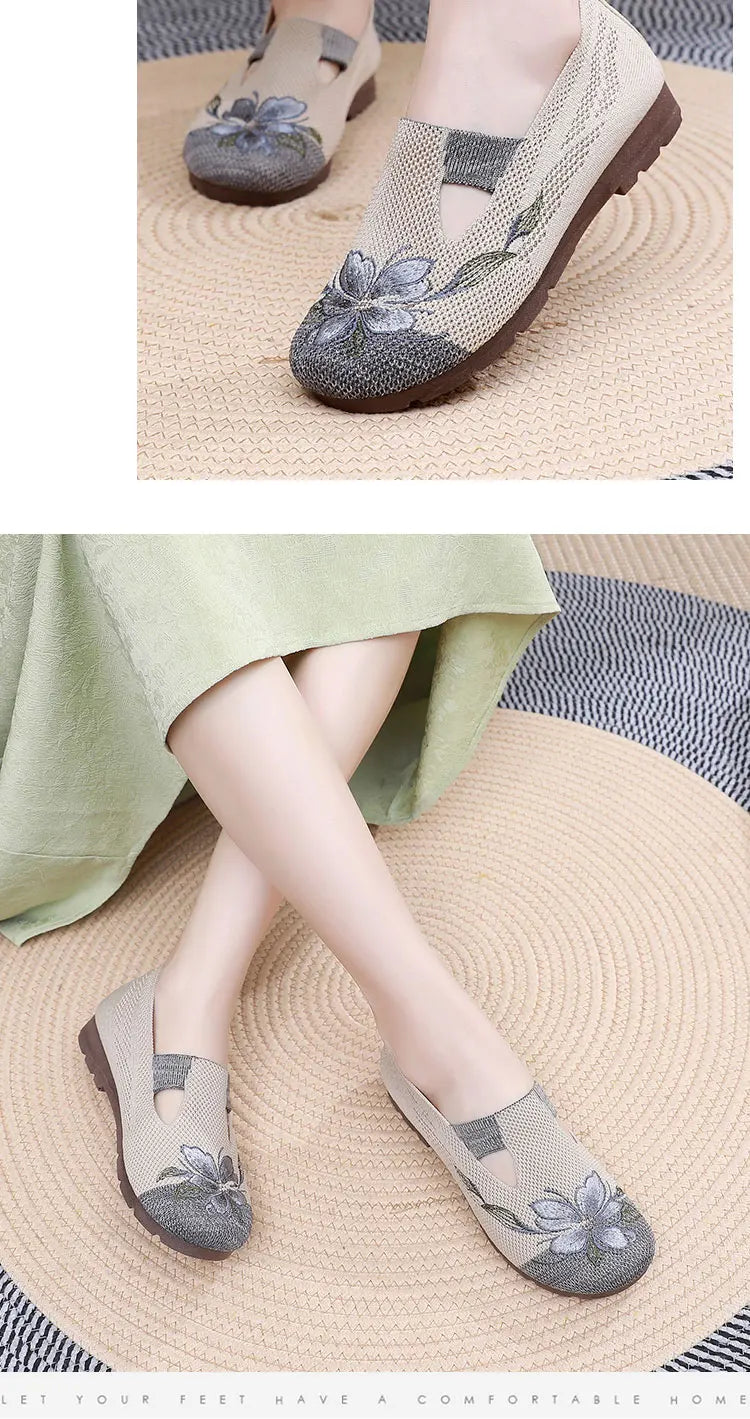 Women’s Breathable Flats - Slip-On Mesh, Embroidered