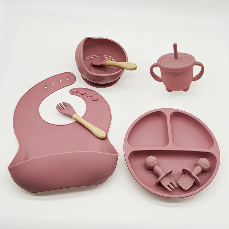 Baby Silicone Tableware Kit 8 Piece Suction Bowls Divided Plate Bib Spoon Fork Fall 2025 Self Feeding Aid