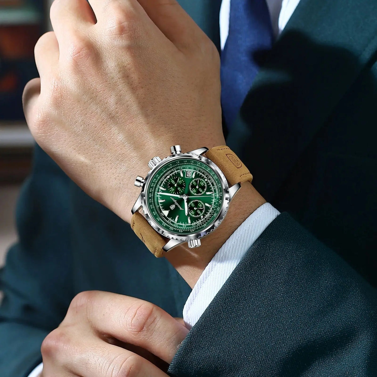 Quartz Chronograph Watch Water-Resistant Luminous Date Leather
