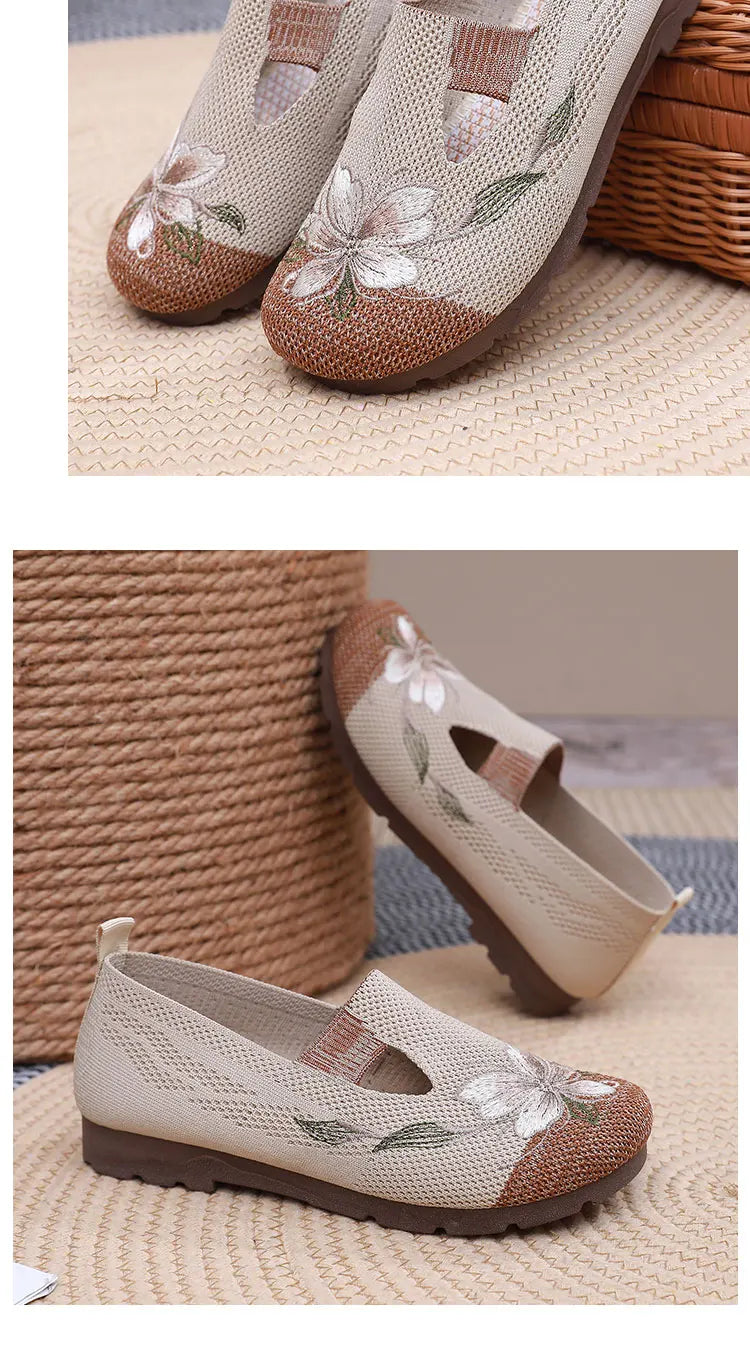 Women’s Breathable Flats - Slip-On Mesh, Embroidered