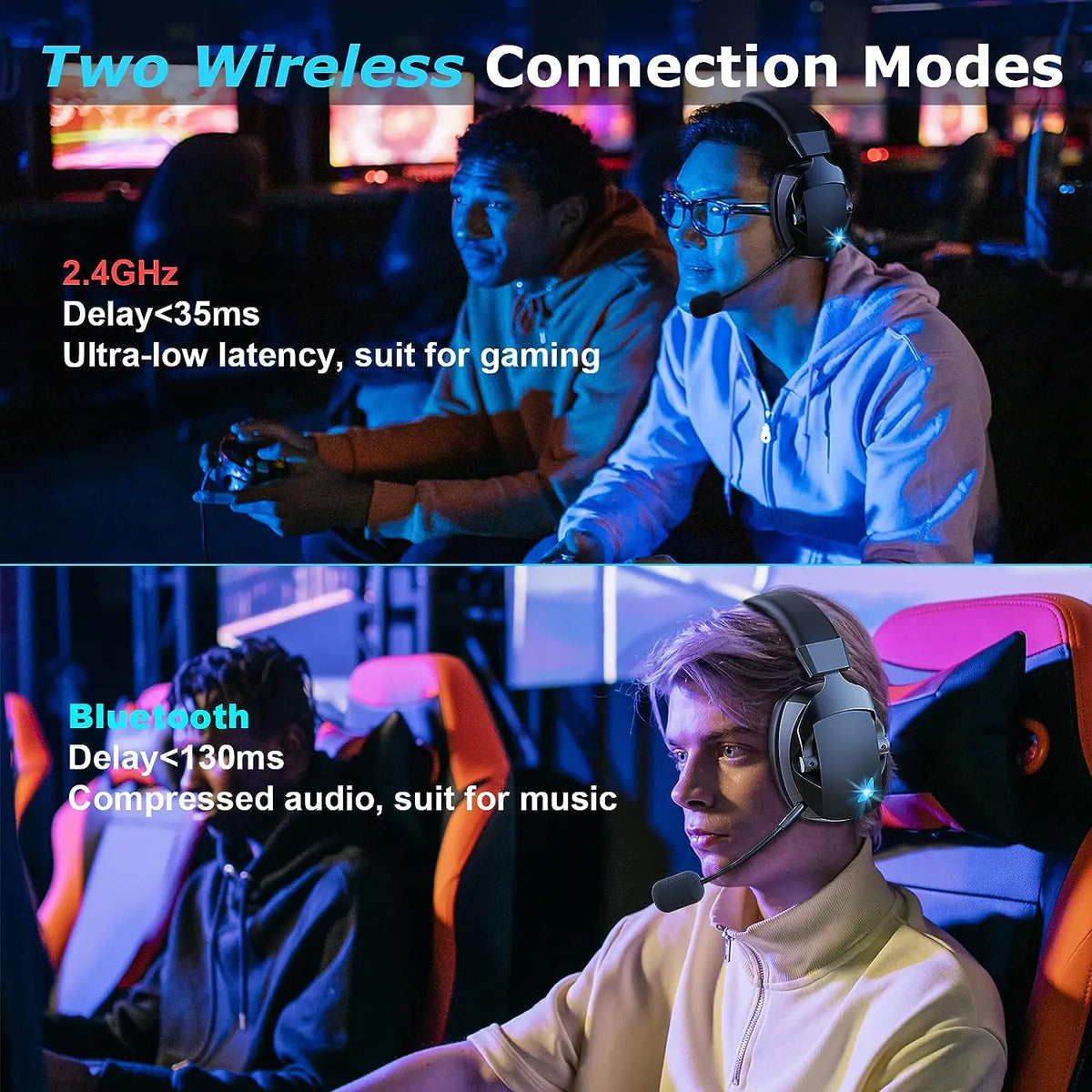Cordless Gaming Headset Detachable Mic Multi Mode Comfort