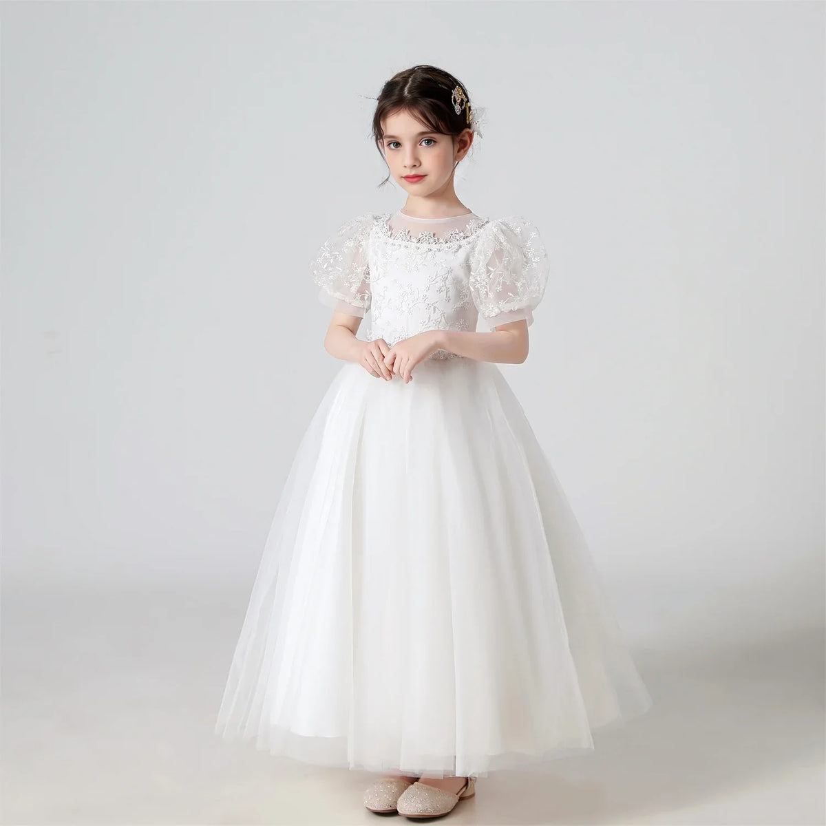 Plush Girls' Dress - Flowy Princess-Cut Lace-Embroidery, Polyester, Wedding Party