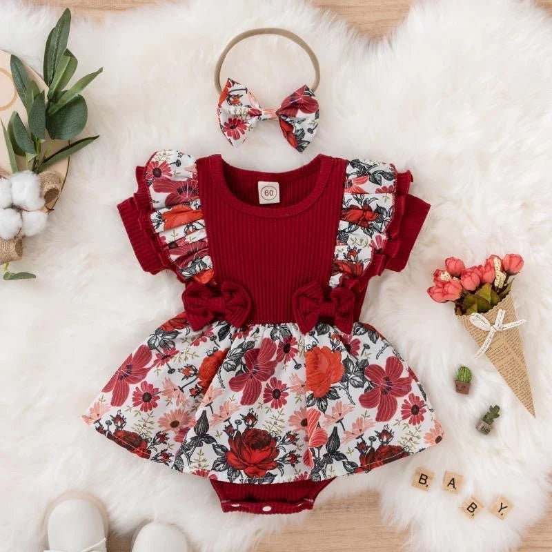 Plush baby girl dress - floral print, bowknot accents, cotton-elastane, summer wear