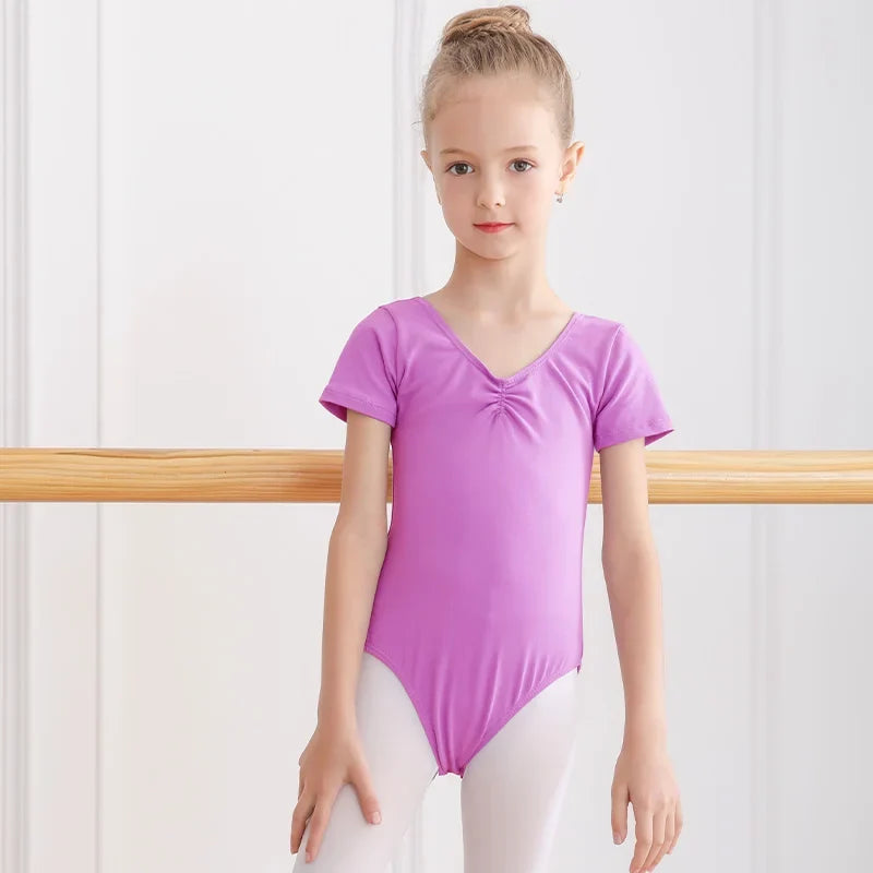 Plush girls' ballet leotard - short sleeve v-neck ruched, cotton knit, for dance practice and classic classes