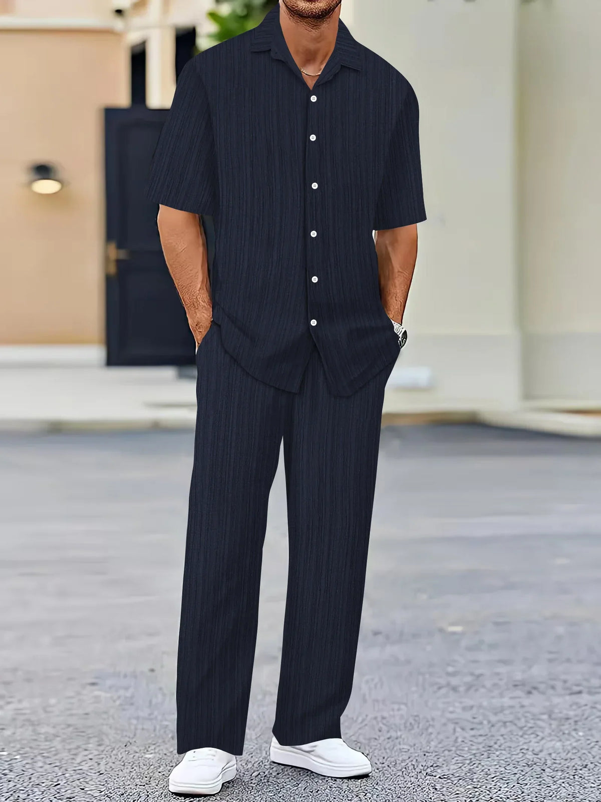 Lightweight Linen Shirt and Pants Set, Vertical Striped Design, Relaxed Fit for Casual and Semi-Formal Wear-2