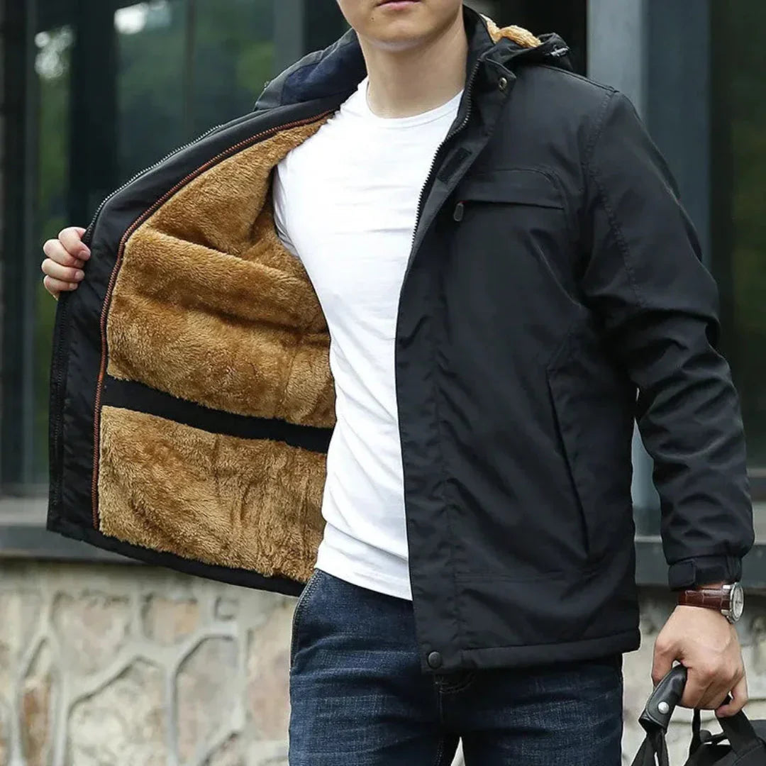Water-Resistant Mens Jacket - Hip-Length Fleece-Lined Commute