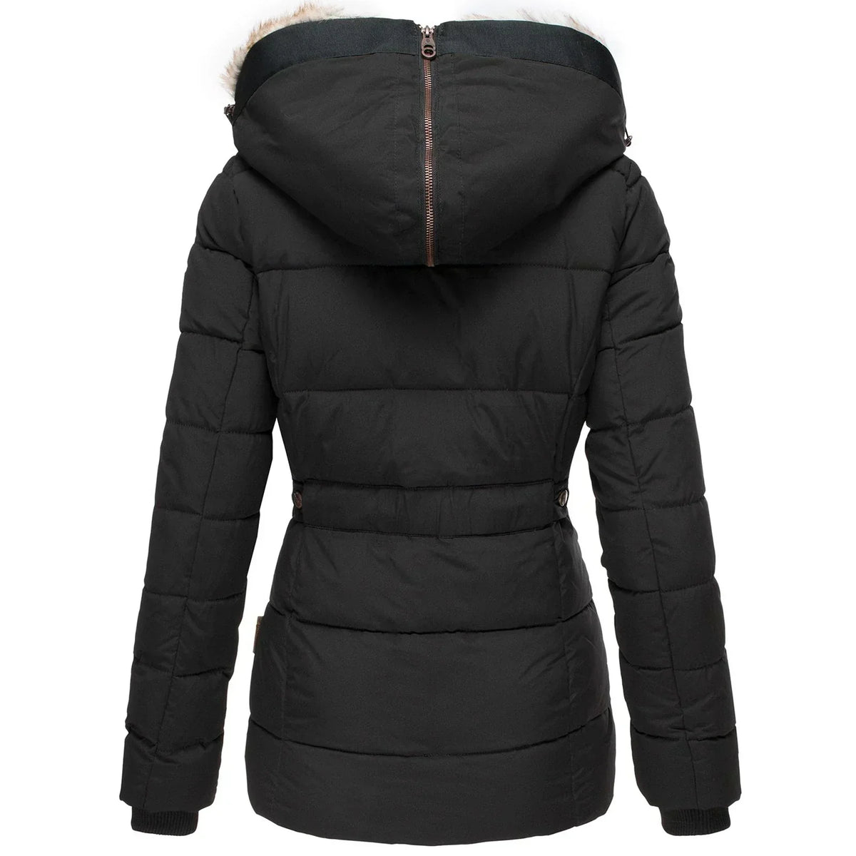 Women’s Warm Winter Coat - Quilted Midlength, Faux Fur Hood