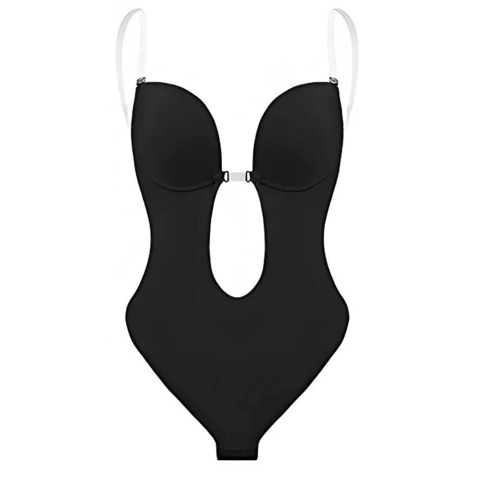 Low-Cut Seamless Black Shapewear Bodysuit with Adjustable Straps and Built-in Bra Pillow for Enhanced Support-1
